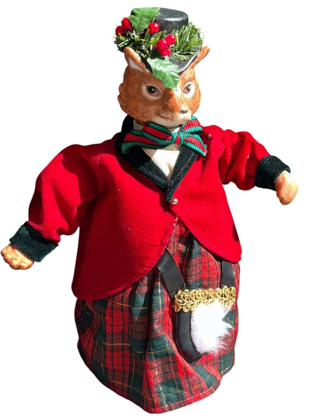 BRN Vintage Christmas Tartan Fox Tree Topper Shelf Sitter Scottish Equestrian